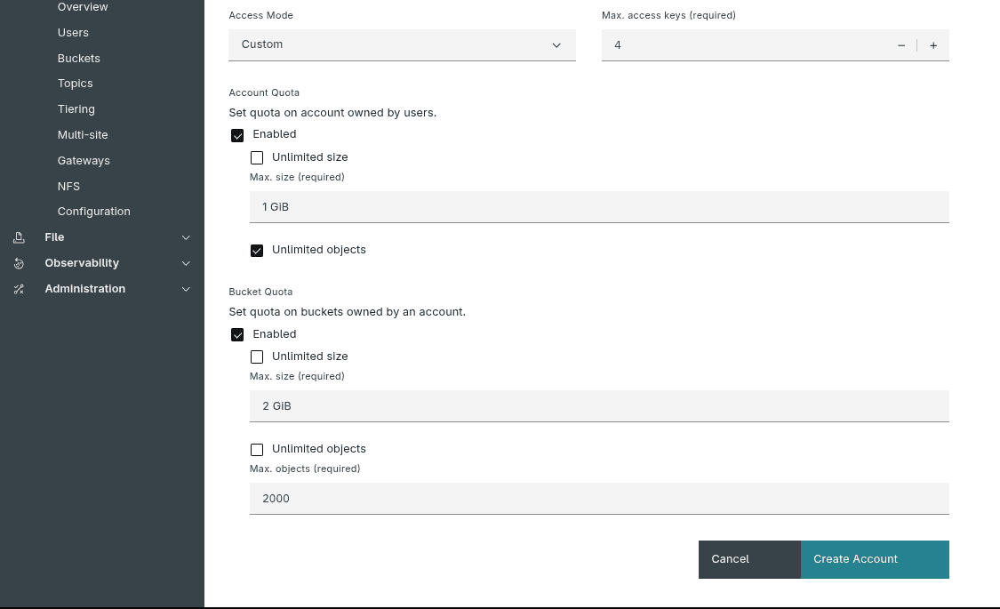 Step 2.1: Create Account: Enter quota details